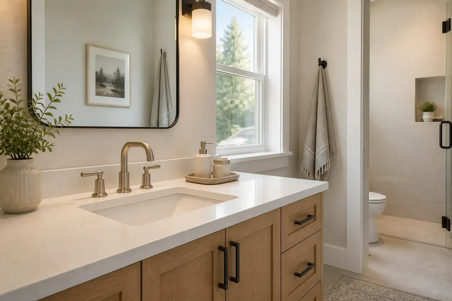 Modern bathroom sink and vanity in a tidy home