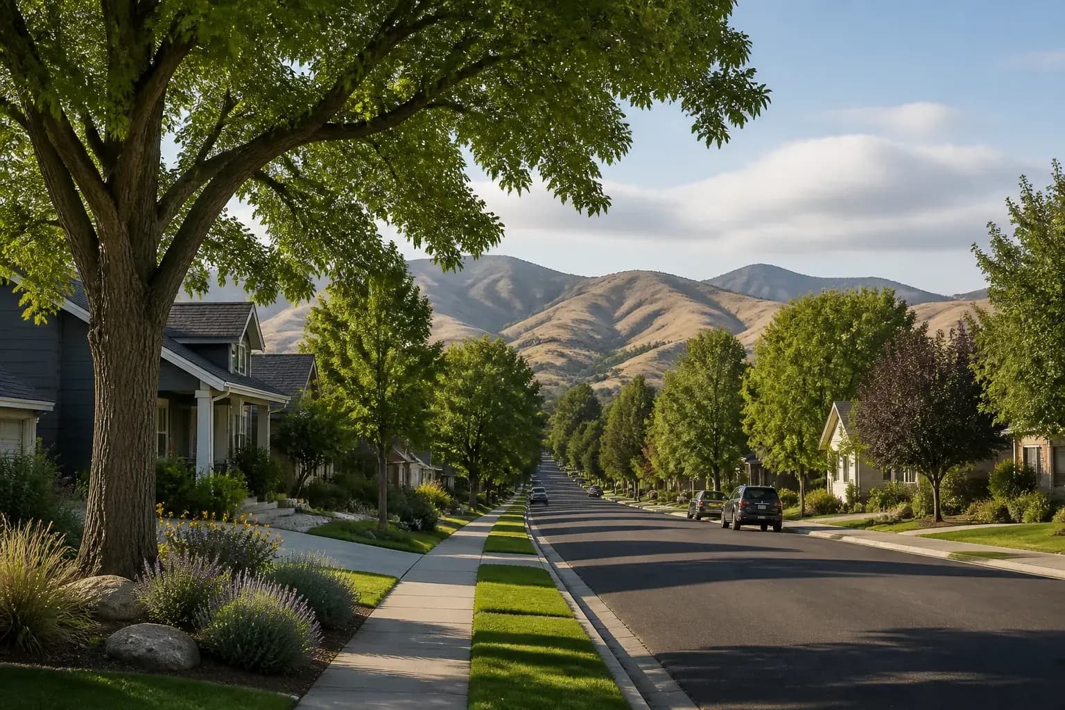 Tree-lined Boise neighborhood with foothills