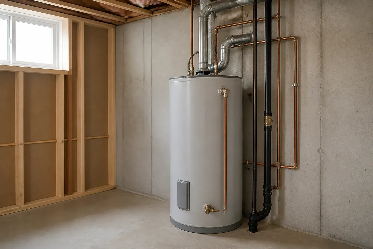 Repaired water heater in a tidy basement utility area