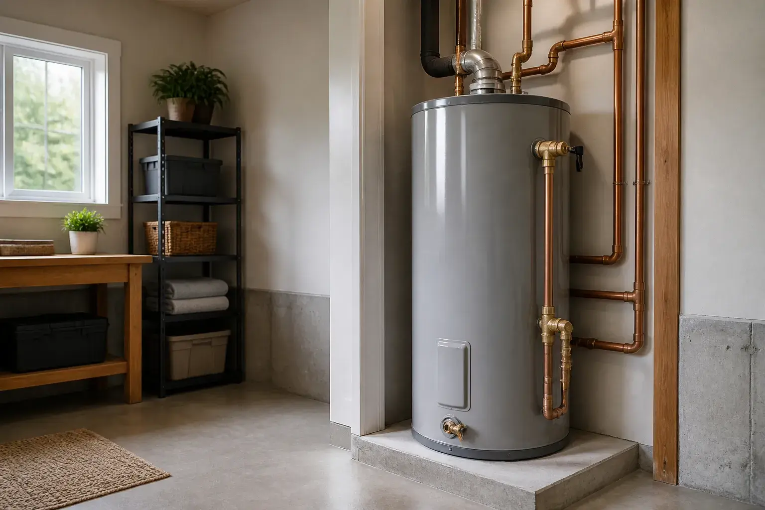 New water heater in a clean utility room