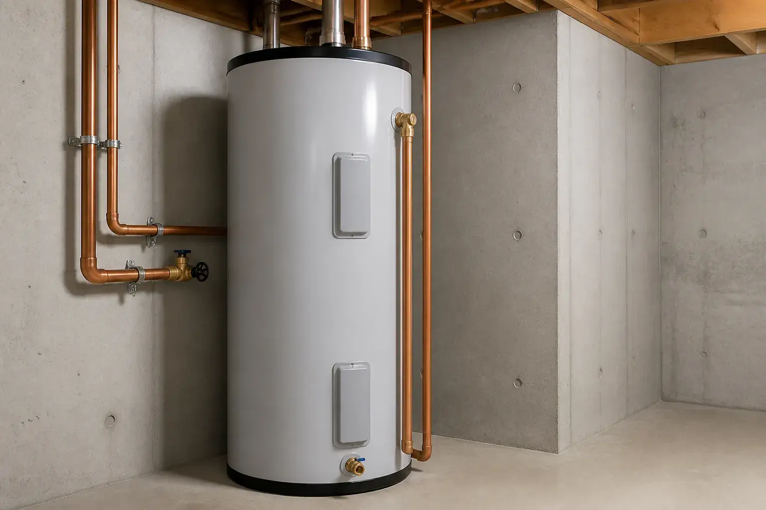 Newly installed water heater in a clean utility room